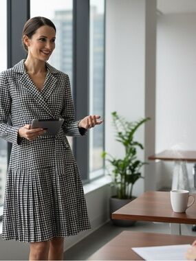 NWT Elizabeth Nicole NY Houndstooth Blazer Dress Pleated Skirt Long Sleeve M